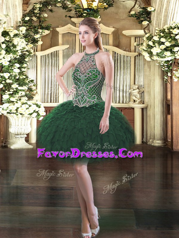 Top Selling Dark Green Sleeveless Mini Length Beading and Ruffles Lace Up Evening Dress