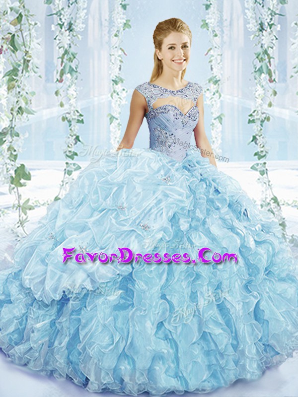 Glorious Blue Ball Gowns Sweetheart Sleeveless Organza Lace Up Beading and Ruffles and Pick Ups Sweet 16 Dresses