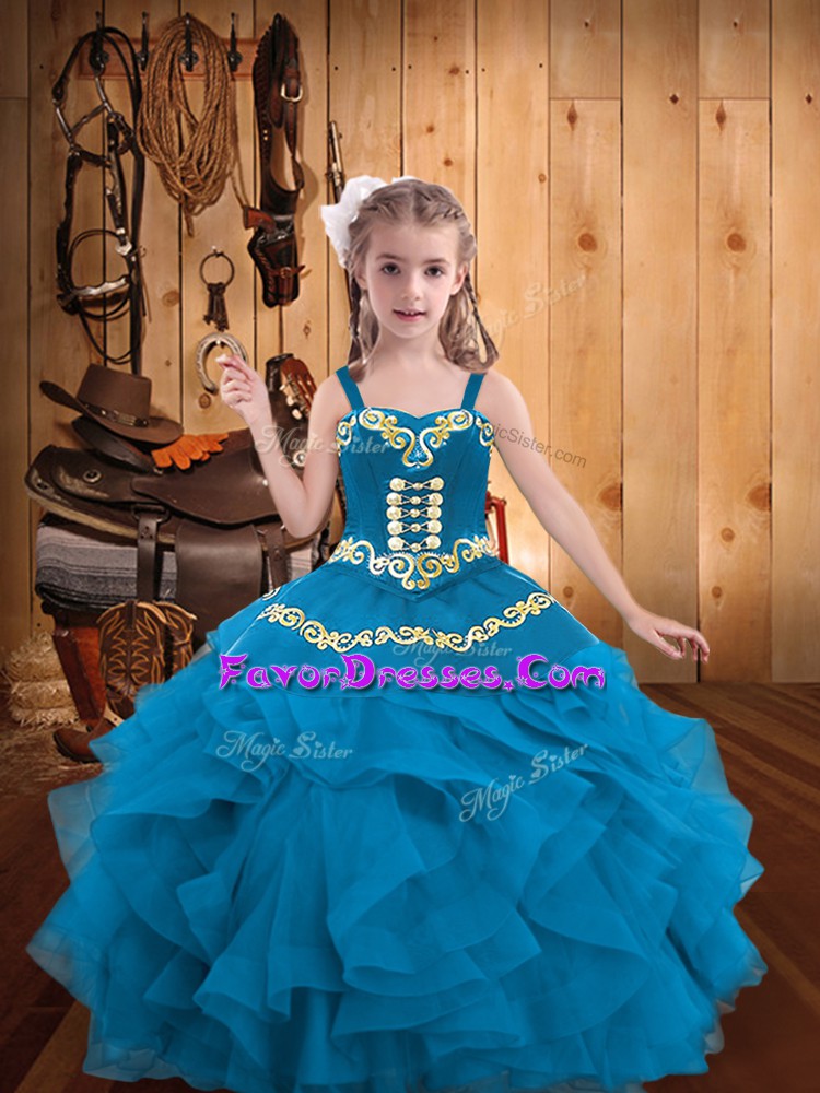 Discount Straps Sleeveless Organza Pageant Dress for Teens Embroidery and Ruffles Lace Up