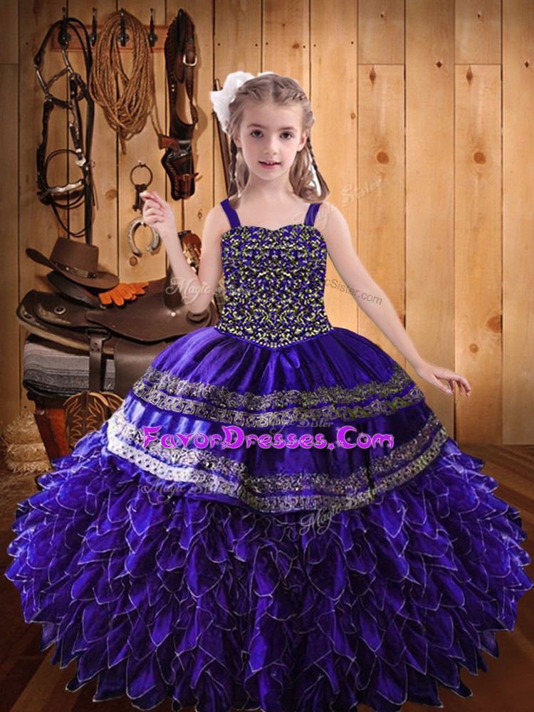 Inexpensive Satin and Tulle Straps Sleeveless Lace Up Beading and Appliques Little Girls Pageant Dress in Dark Purple
