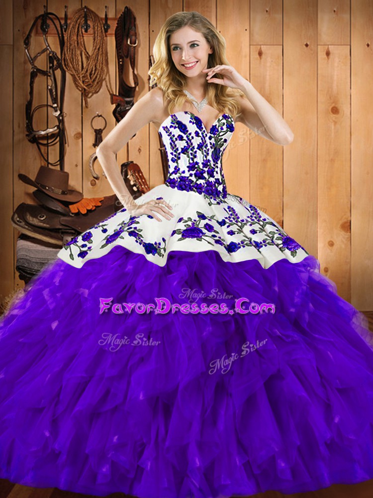 Glamorous Purple Lace Up Sweet 16 Dresses Embroidery and Ruffles Sleeveless Floor Length