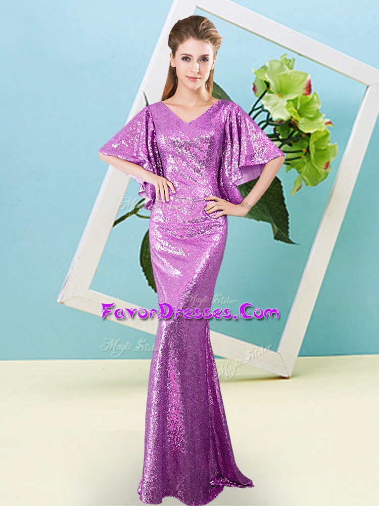 Decent Lilac Sequined Zipper Prom Evening Gown Half Sleeves Floor Length Sequins