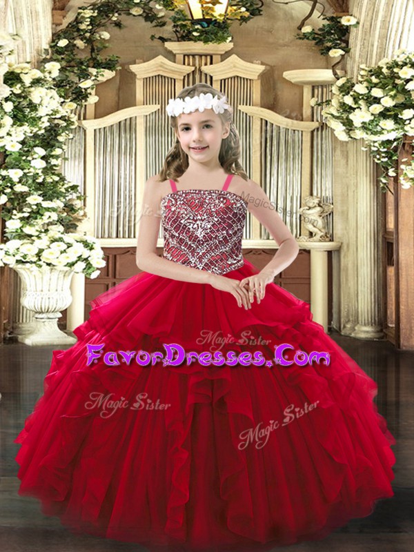  Wine Red Lace Up Straps Beading and Ruffles Little Girl Pageant Dress Organza Sleeveless