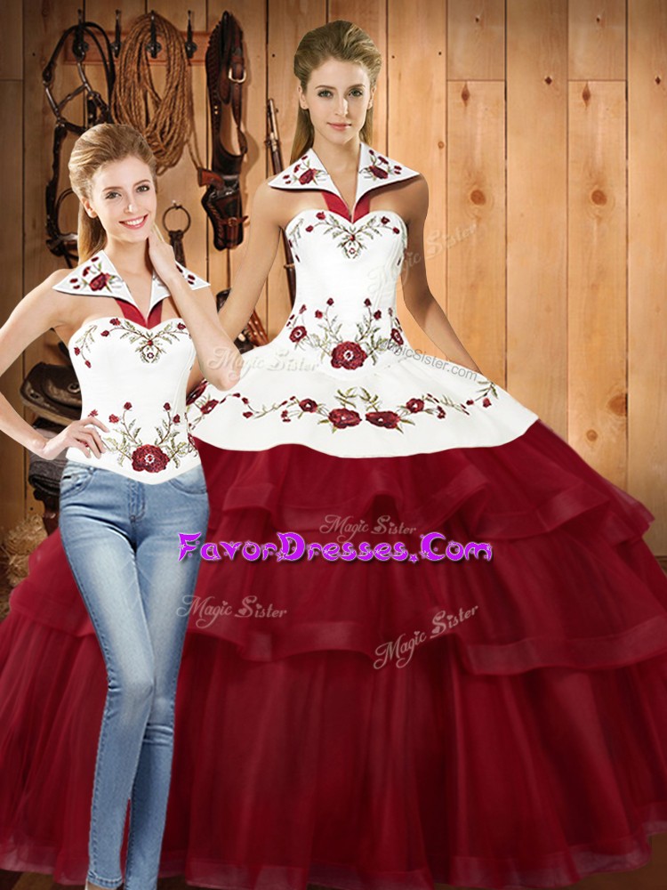  Sleeveless Satin and Organza With Train Sweep Train Lace Up Quinceanera Gown in Wine Red with Embroidery and Ruffled Layers