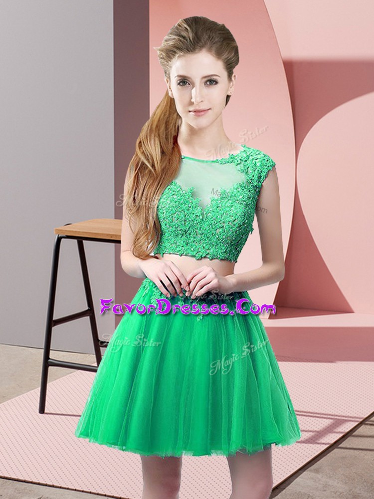  Turquoise Sleeveless Appliques Mini Length Prom Dress