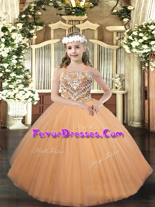 Fancy Peach Ball Gowns Beading Kids Formal Wear Lace Up Tulle Sleeveless Floor Length