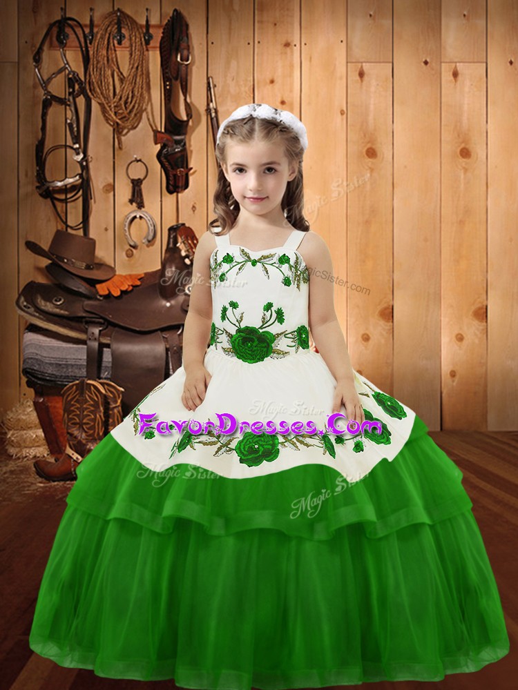Fantastic Green Straps Lace Up Embroidery and Ruffled Layers Little Girls Pageant Gowns Sleeveless