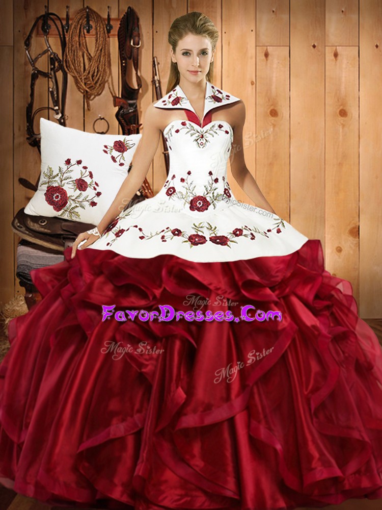  Wine Red Lace Up Halter Top Embroidery and Ruffles Quinceanera Dress Organza Sleeveless