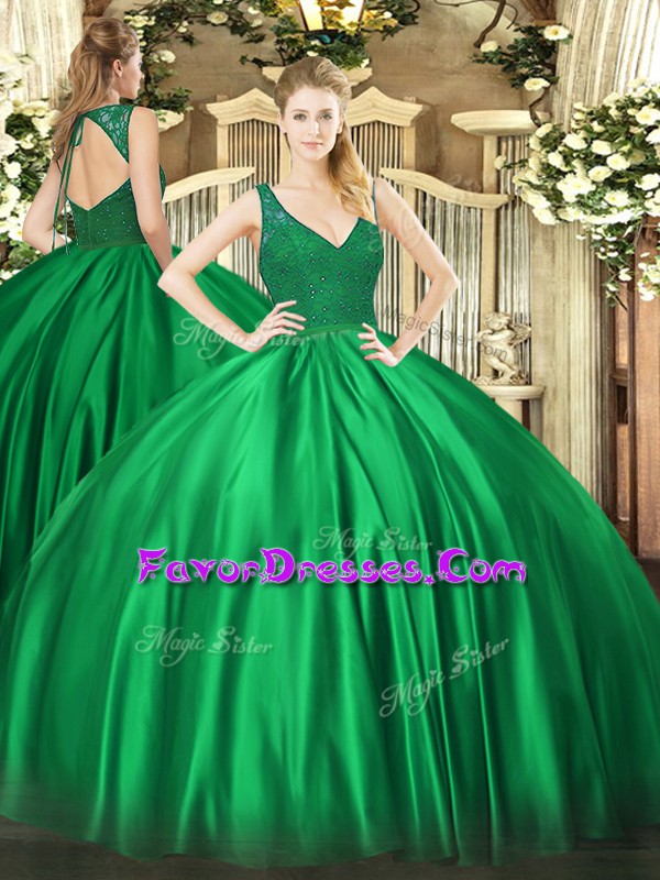 Latest V-neck Sleeveless Satin Vestidos de Quinceanera Beading and Lace Backless