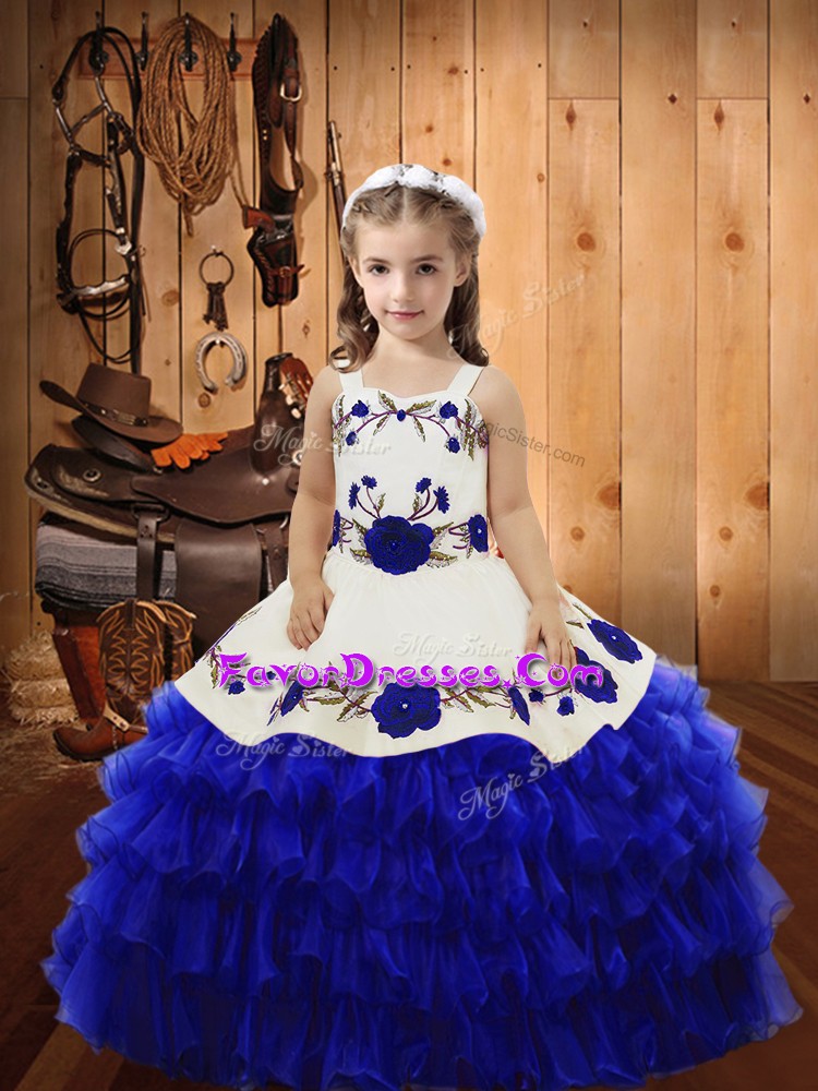  Royal Blue Ball Gowns Straps Sleeveless Organza Floor Length Lace Up Embroidery and Ruffled Layers Pageant Gowns For Girls