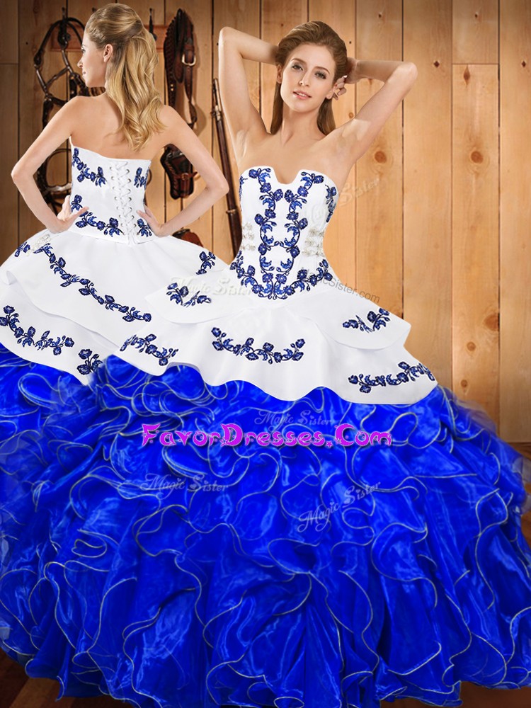 Perfect Sleeveless Satin and Organza Floor Length Lace Up 15 Quinceanera Dress in Blue And White with Embroidery and Ruffles