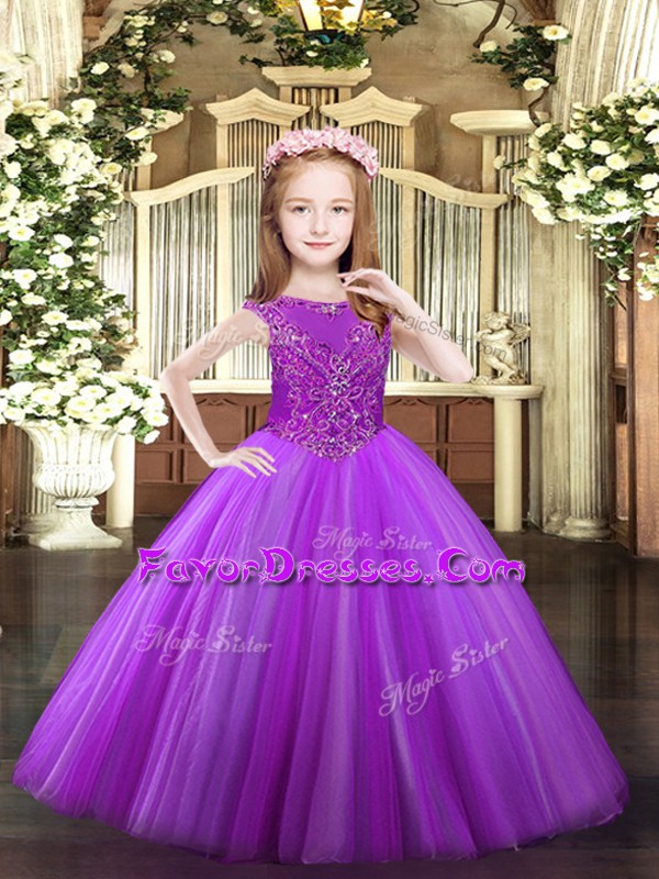  Lavender Ball Gowns Tulle Scoop Sleeveless Beading Floor Length Zipper Kids Formal Wear