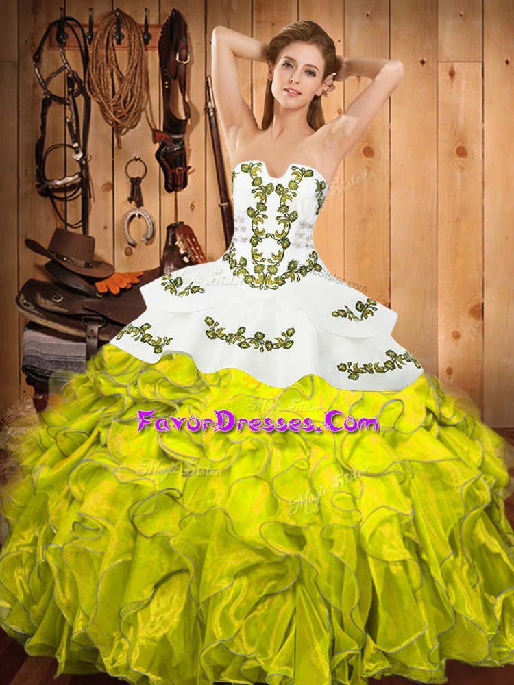 Popular Floor Length Yellow Green Quinceanera Gowns Strapless Sleeveless Lace Up