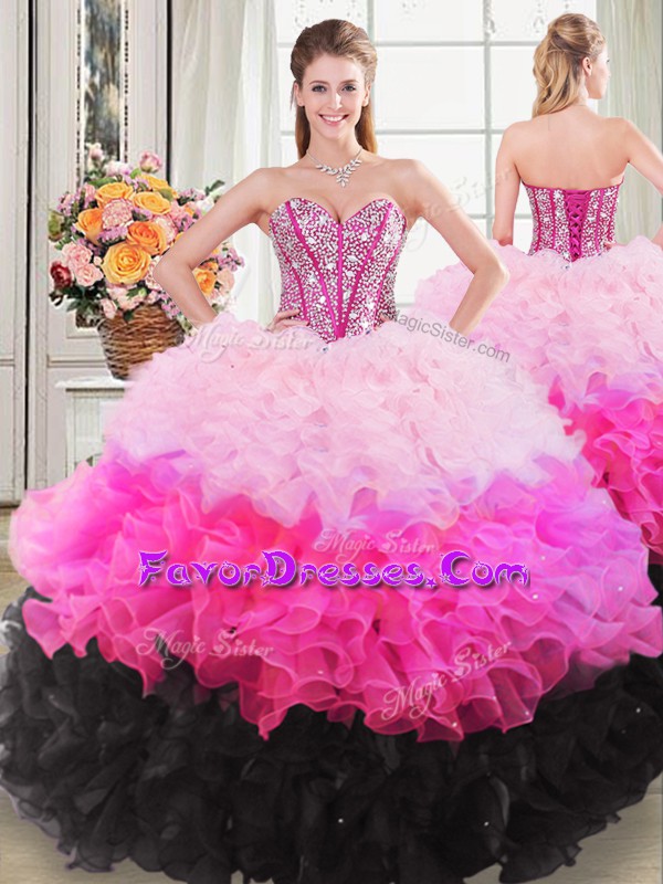 Dynamic Sleeveless Organza Floor Length Lace Up Sweet 16 Dresses in Multi-color with Beading and Ruffles