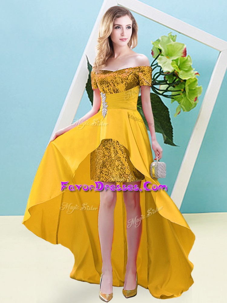 Discount Gold Lace Up Homecoming Dress Beading Short Sleeves High Low