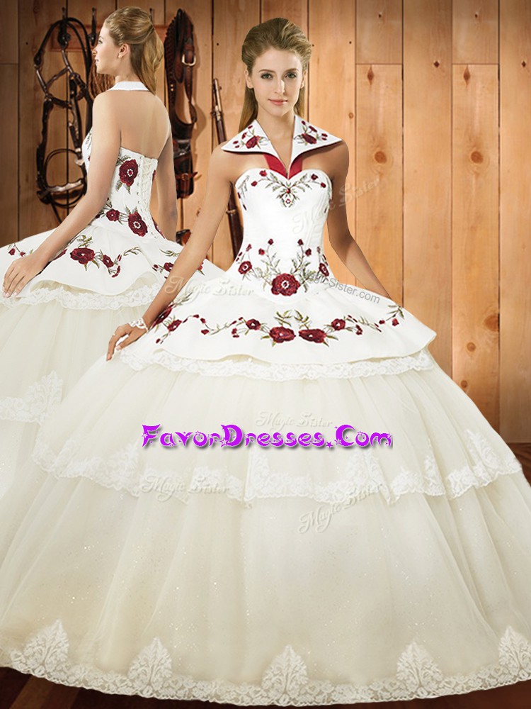  Floor Length White Sweet 16 Quinceanera Dress Tulle Sleeveless Lace and Embroidery
