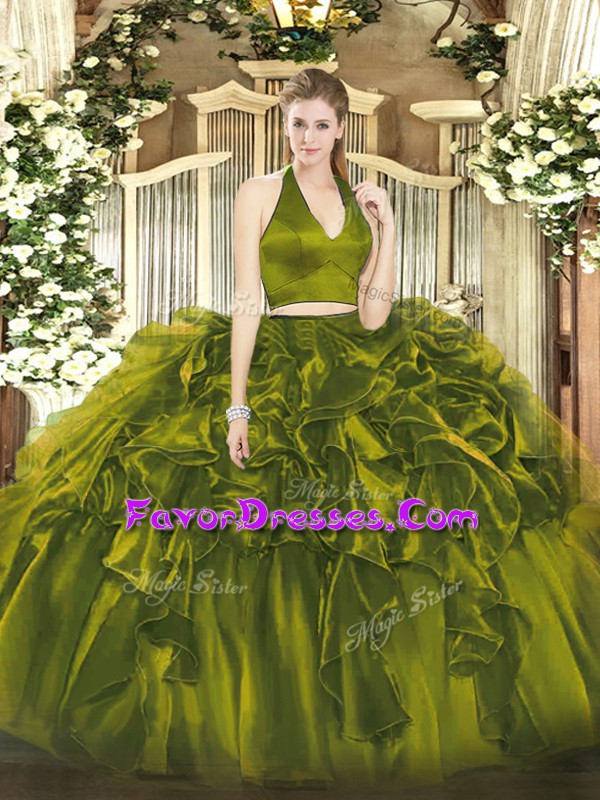 Amazing Olive Green Sleeveless Floor Length Ruffles Zipper Sweet 16 Dresses