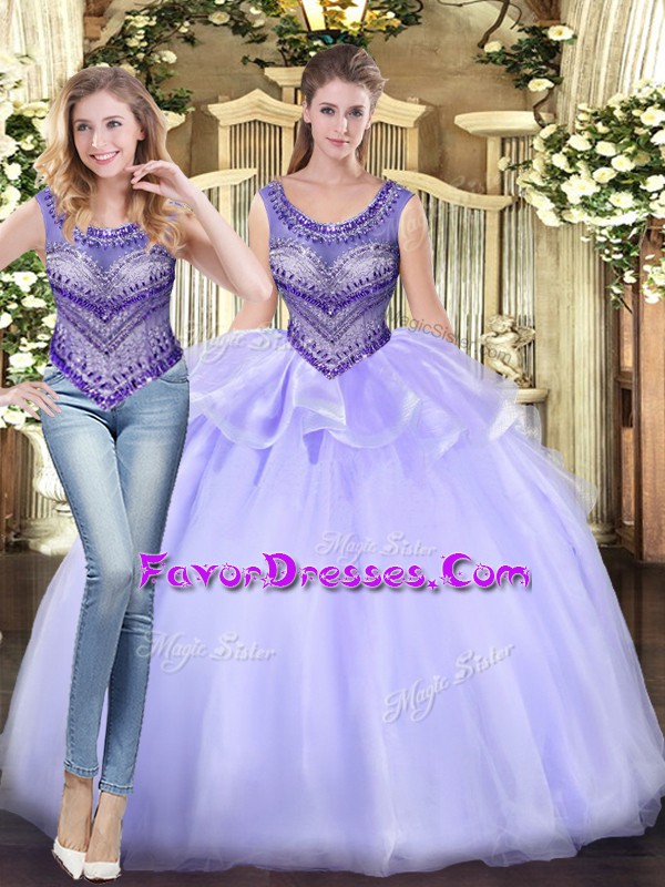  Lavender Scoop Neckline Beading and Ruffles Sweet 16 Quinceanera Dress Sleeveless Lace Up