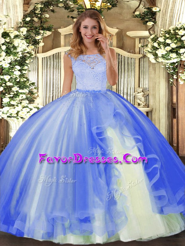  Blue Sleeveless Tulle Clasp Handle Sweet 16 Dress for Military Ball and Sweet 16 and Quinceanera