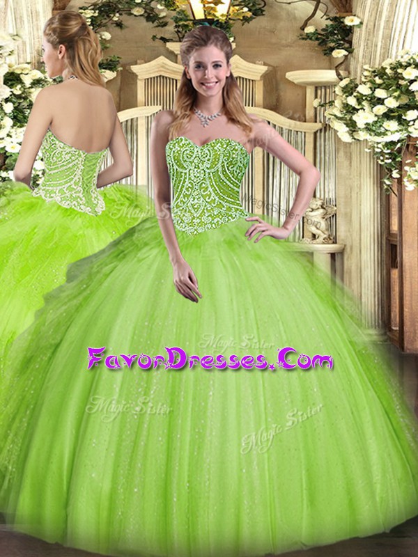 Pretty Yellow Green Organza Lace Up Quinceanera Gown Sleeveless Floor Length Beading and Ruffles