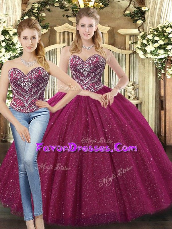 Charming Fuchsia Tulle Lace Up Sweetheart Sleeveless Floor Length Sweet 16 Dresses Beading