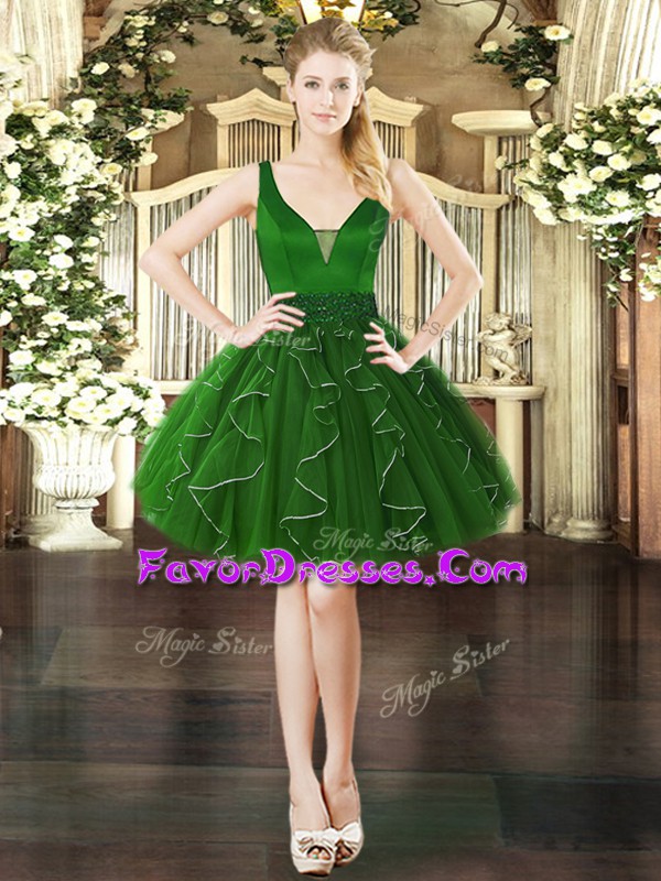 Ideal Ball Gowns Teens Party Dress Dark Green V-neck Organza Sleeveless Mini Length Lace Up