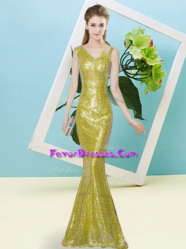 Fashion Asymmetric Sleeveless Homecoming Dress Floor Length Sequins Yellow Sequined