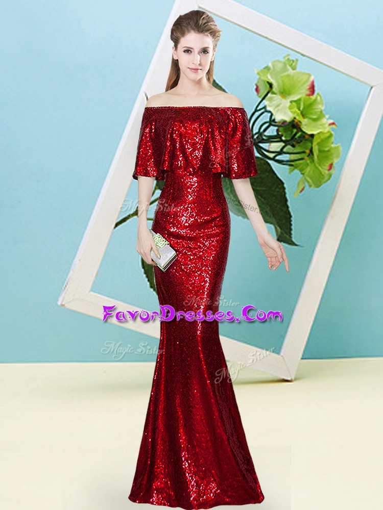 Amazing Wine Red Sequined Zipper Homecoming Dress Half Sleeves Floor Length Sequins