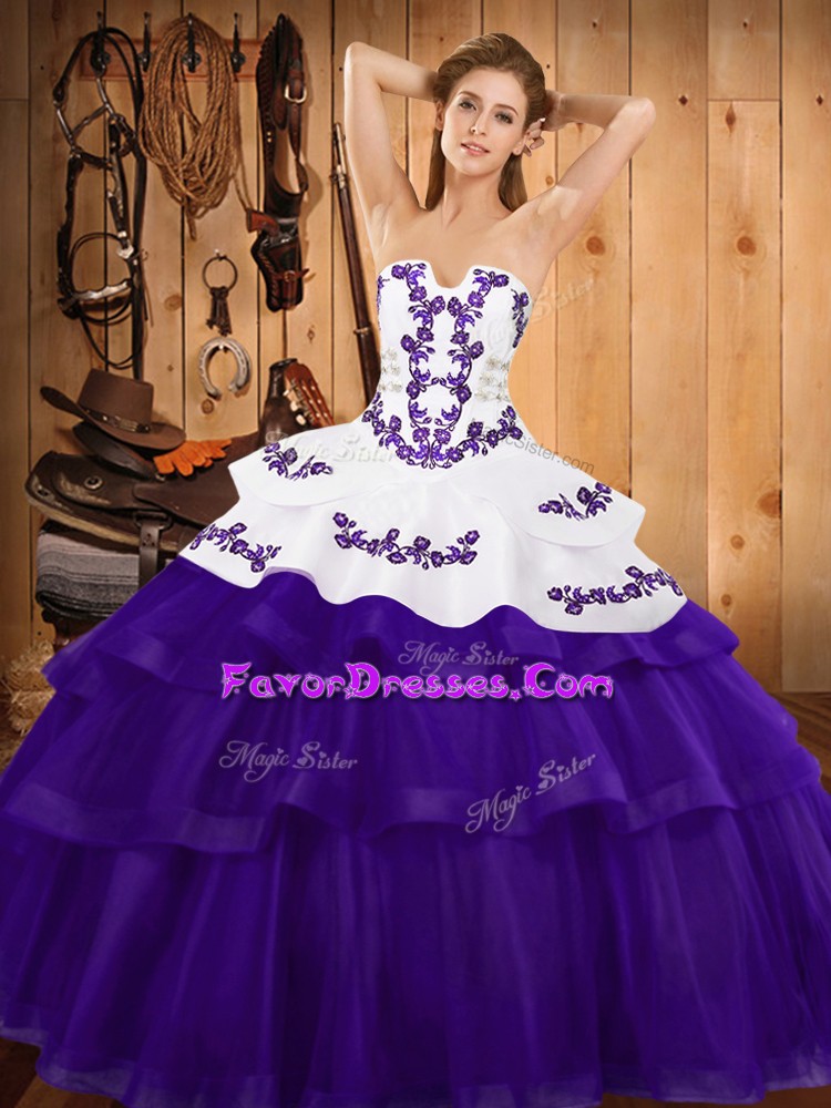  Sweep Train Ball Gowns 15 Quinceanera Dress Purple Strapless Tulle Sleeveless Lace Up