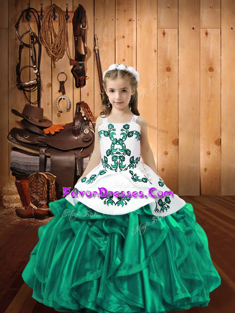  Floor Length Turquoise Little Girls Pageant Dress Wholesale Organza Sleeveless Embroidery and Ruffles