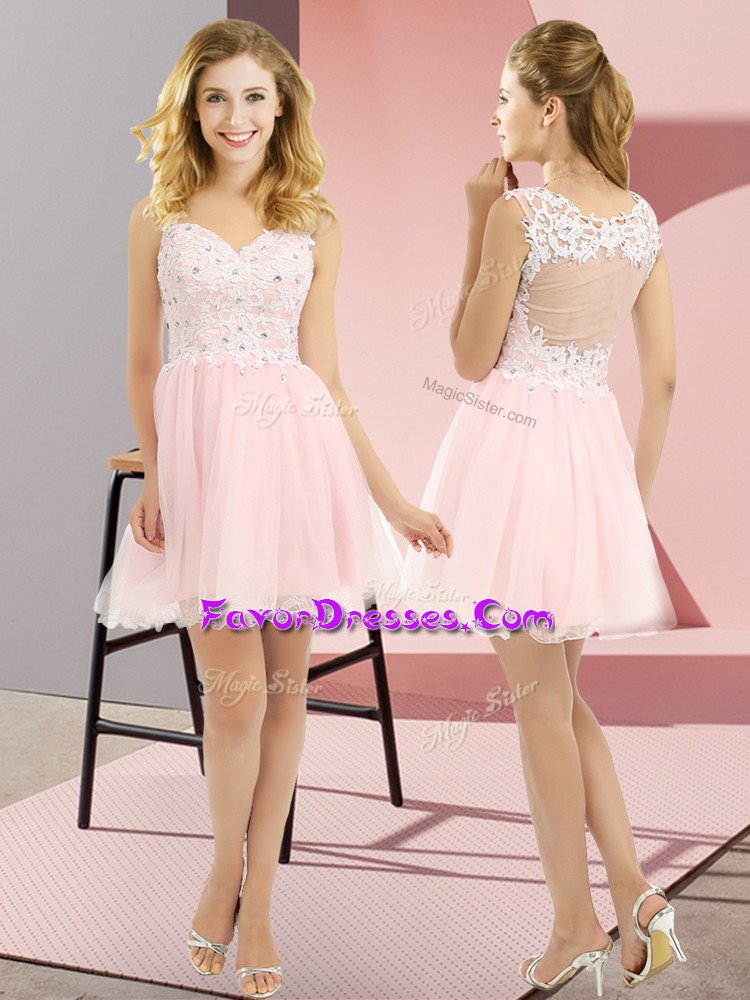 Unique Mini Length Lace Up Court Dresses for Sweet 16 Baby Pink for Prom and Party and Wedding Party with Beading and Lace