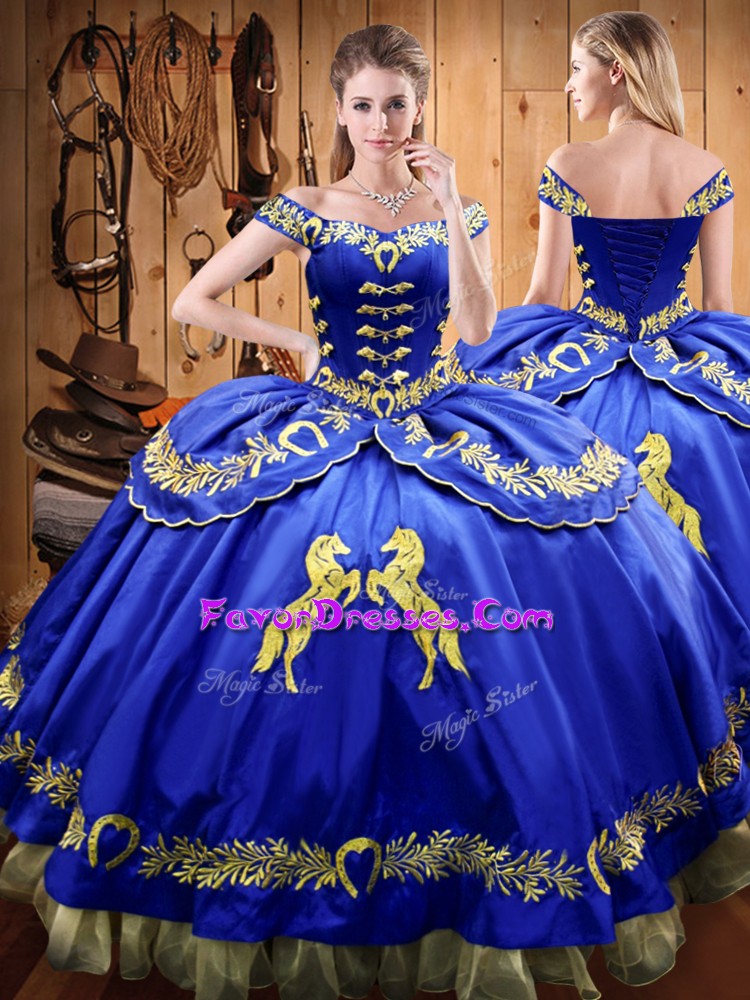  Ball Gowns 15 Quinceanera Dress Royal Blue Off The Shoulder Satin and Organza Sleeveless Floor Length Lace Up