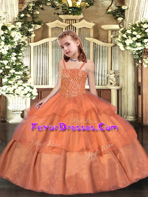  Straps Sleeveless Pageant Dress for Womens Floor Length Beading and Ruffled Layers Orange Organza