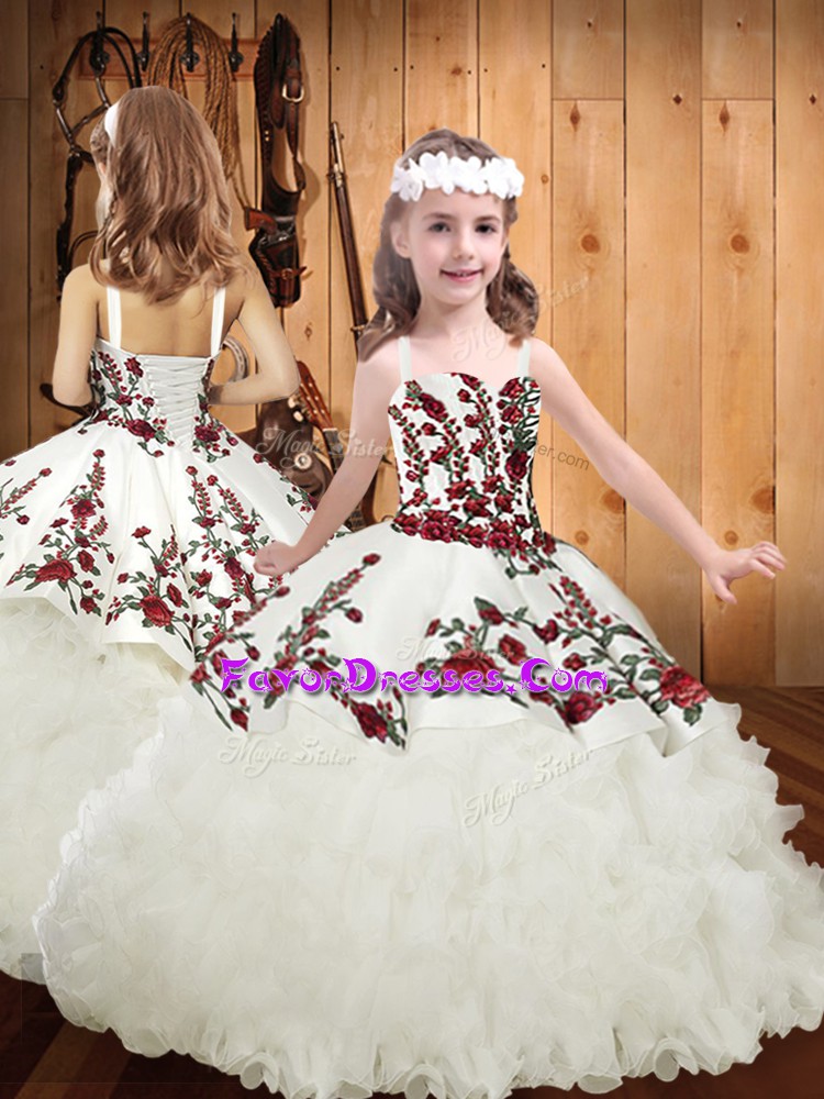 White Straps Neckline Embroidery and Ruffles Child Pageant Dress Sleeveless Lace Up