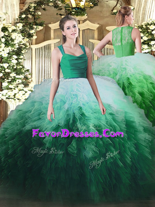  Ball Gowns Quince Ball Gowns Multi-color Straps Organza Sleeveless Floor Length Zipper