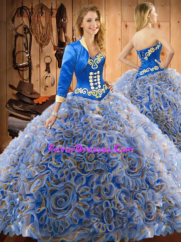 Suitable Multi-color Ball Gowns Sweetheart Sleeveless Satin and Fabric With Rolling Flowers With Train Sweep Train Lace Up Embroidery 15 Quinceanera Dress
