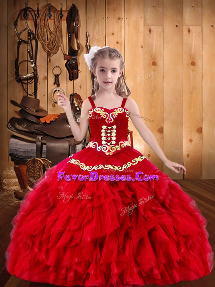  Ball Gowns Little Girls Pageant Dress Wholesale Red Straps Organza Sleeveless Floor Length Lace Up