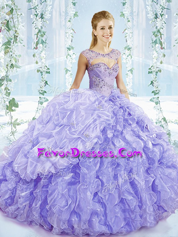 Lace Up Sweet 16 Dresses Lavender for Sweet 16 and Quinceanera with Beading and Ruffles and Pick Ups Brush Train