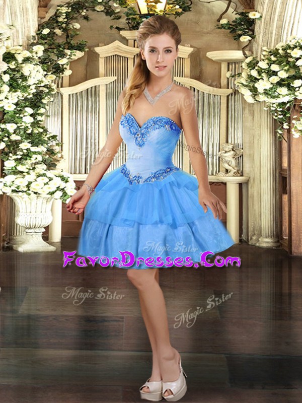 New Arrival Mini Length Lace Up Homecoming Dress Baby Blue for Prom and Party with Beading and Ruffled Layers