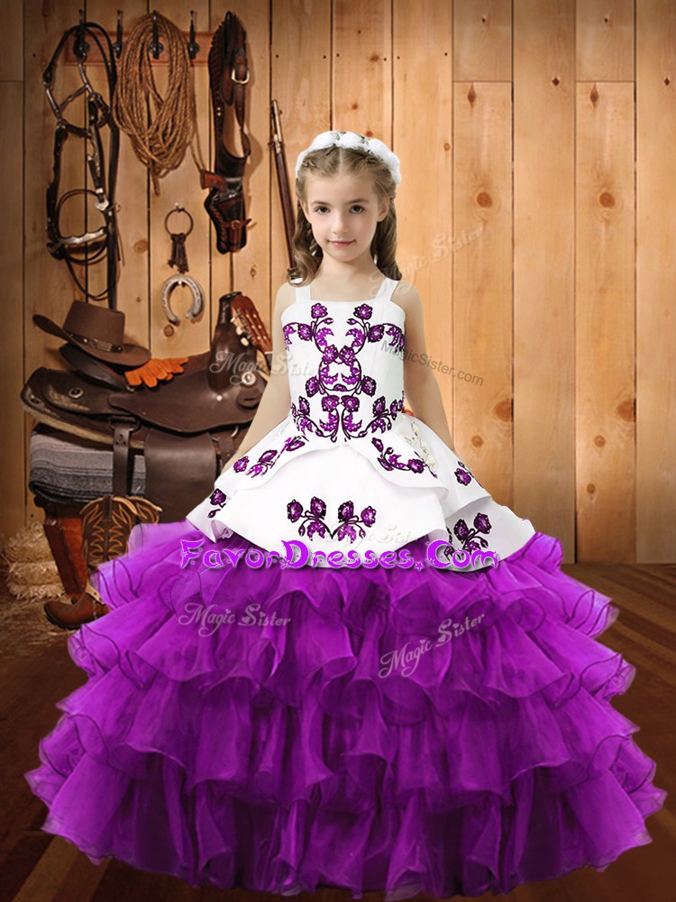  Eggplant Purple Little Girl Pageant Gowns Party and Quinceanera with Embroidery and Ruffled Layers Square Sleeveless Lace Up