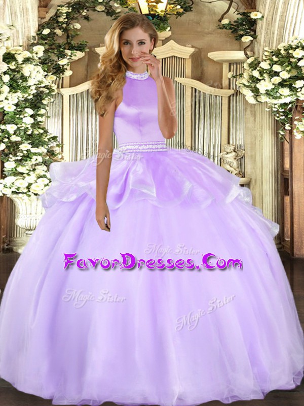 Vintage Ball Gowns Quinceanera Dress Lavender Halter Top Tulle Sleeveless Floor Length Backless