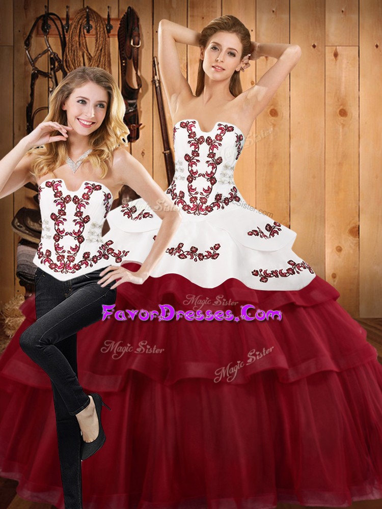 Inexpensive Strapless Sleeveless Sweep Train Lace Up 15th Birthday Dress Burgundy Satin and Organza