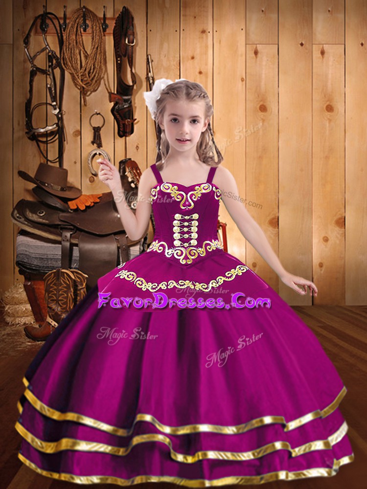 Discount Sleeveless Floor Length Embroidery and Ruffled Layers Lace Up Little Girl Pageant Gowns with Fuchsia