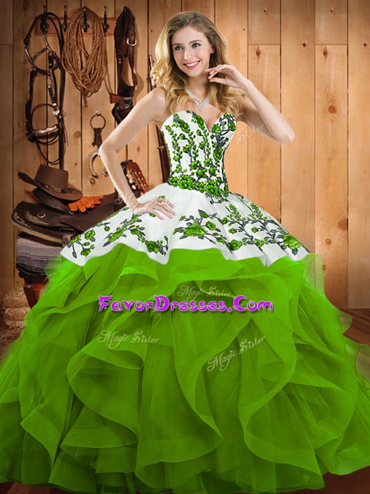 High End Sweetheart Sleeveless Quinceanera Gown Floor Length Embroidery and Ruffles Satin and Organza
