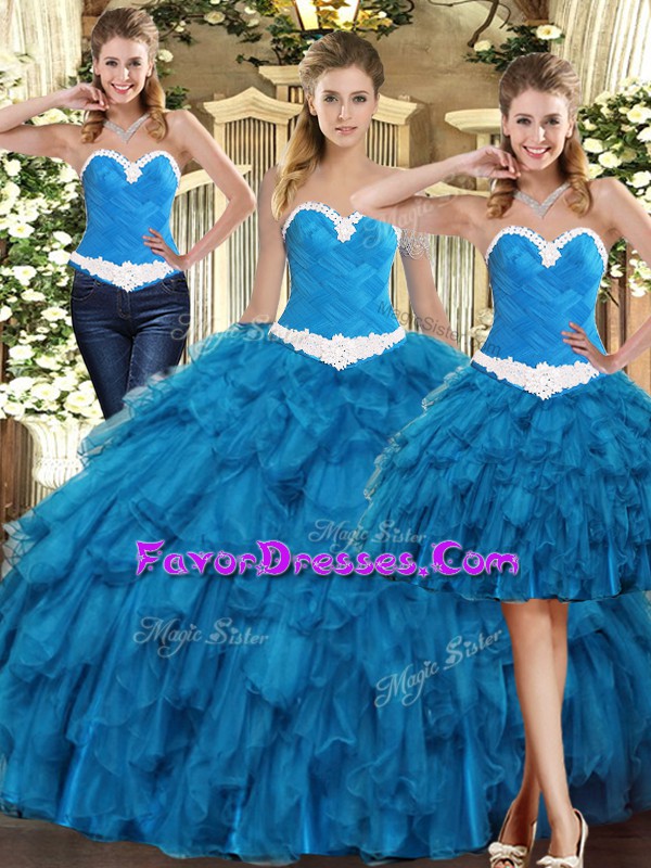  Teal Tulle Lace Up Sweetheart Sleeveless Floor Length Quinceanera Gowns Ruffles