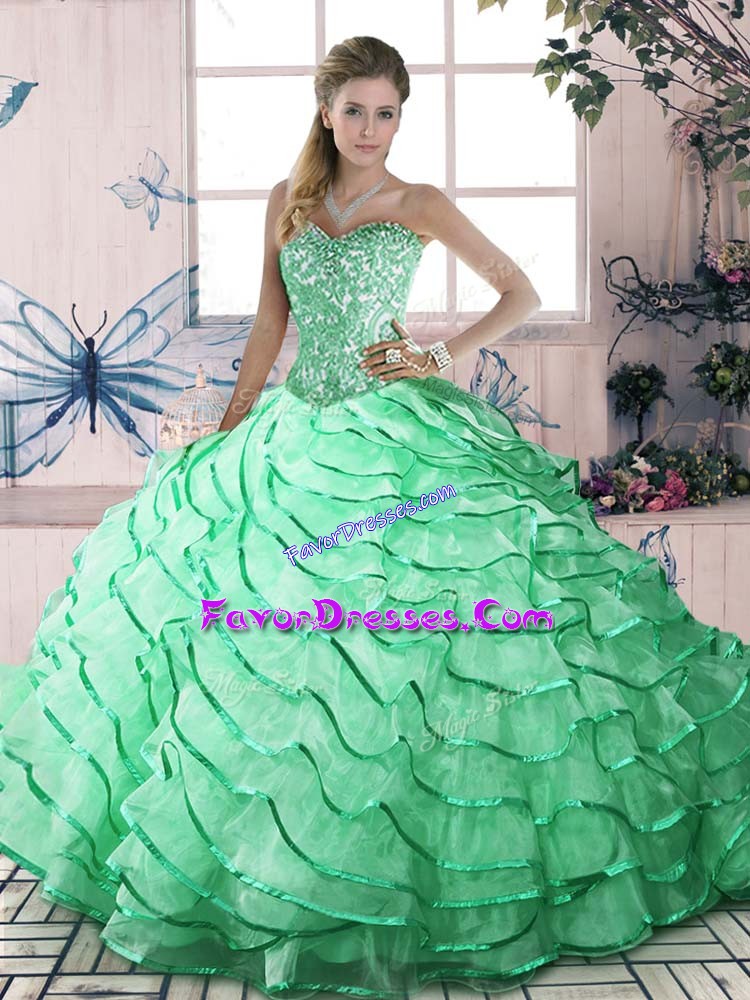Luxurious Brush Train Ball Gowns Quinceanera Dress Apple Green Sweetheart Organza Sleeveless Lace Up