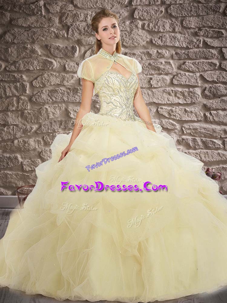  Ball Gowns Sleeveless Light Yellow Quince Ball Gowns Brush Train Lace Up