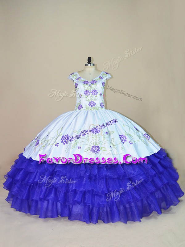  Satin and Organza Cap Sleeves Floor Length Quinceanera Gown and Embroidery and Ruffled Layers