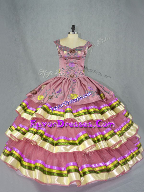 High Quality Straps Sleeveless Sweet 16 Dress Floor Length Embroidery and Ruffled Layers Pink Organza