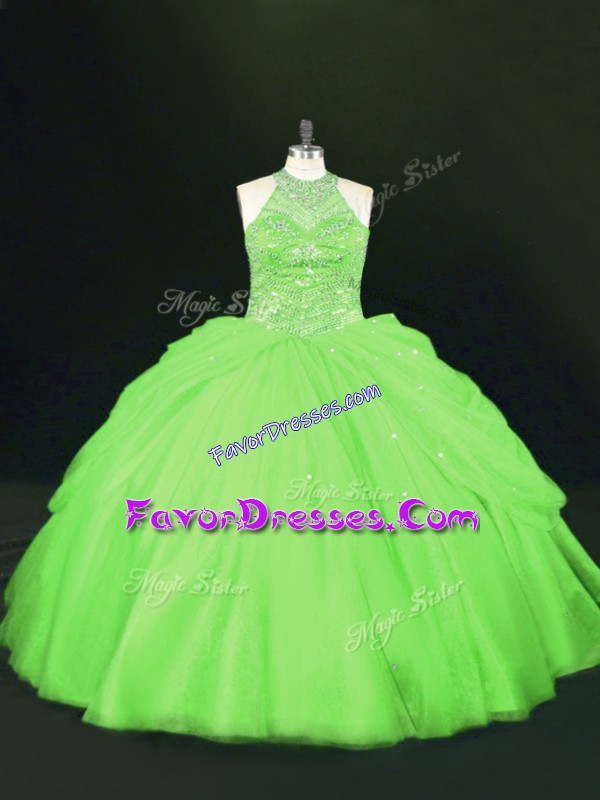 Top Selling Ball Gowns Halter Top Sleeveless Tulle Floor Length Lace Up Beading 15 Quinceanera Dress
